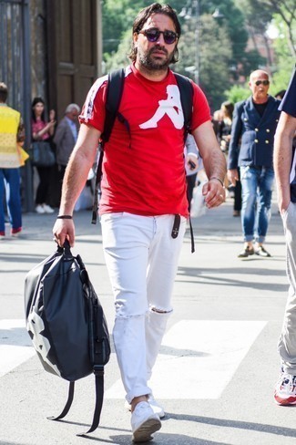 Men's Red and White Print Crew-neck T-shirt, White Ripped Jeans, White Athletic Shoes, Black Canvas Backpack