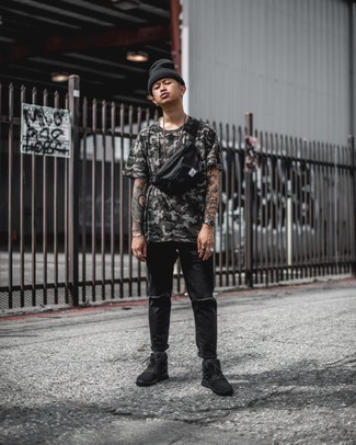 Charcoal Camouflage Crew-neck T-shirt Outfits For Men: This combination of a charcoal camouflage crew-neck t-shirt and black ripped jeans is on the casual side but is also sharp and incredibly sharp. Black athletic shoes are a welcome addition for your outfit.