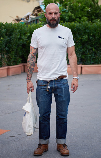 Men's White Crew-neck T-shirt, Navy Jeans, Brown Leather Casual Boots, White Print Canvas Tote Bag
