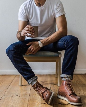 Men's White Crew-neck T-shirt, Navy Jeans, Brown Leather Casual Boots, Silver Watch