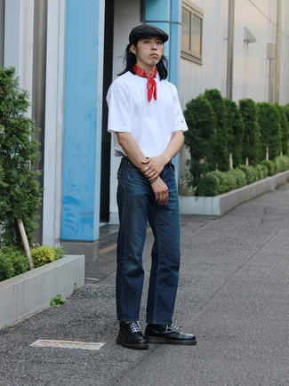 Men's White Crew-neck T-shirt, Navy Jeans, Black Leather Casual Boots, Red Paisley Bandana