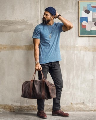 Brown Leather Duffle Bag Outfits For Men: Consider teaming a light blue crew-neck t-shirt with a brown leather duffle bag for an off-duty look that's also easy to pull together. And if you wish to effortlessly kick up your getup with shoes, why not opt for a pair of dark brown leather casual boots?