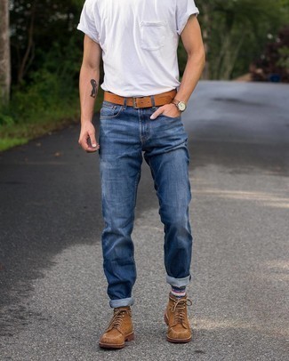 Men's White Crew-neck T-shirt, Navy Jeans, Brown Suede Casual Boots, Tobacco Leather Belt