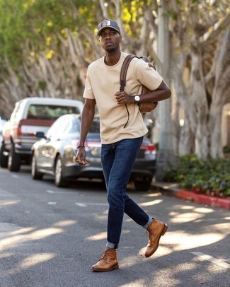 Brown Leather Baseball Cap Outfits For Men: A beige crew-neck t-shirt and a brown leather baseball cap are a smart combination to add to your day-to-day off-duty routine. To give your overall look a sleeker aesthetic, why not complete your getup with a pair of brown leather casual boots?