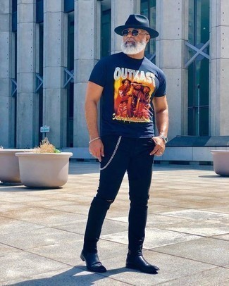 Men's Navy Print Crew-neck T-shirt, Navy Ripped Jeans, Navy Leather Chelsea Boots, Navy Wool Hat