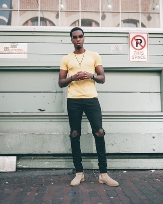 Men's Yellow Crew-neck T-shirt, Black Ripped Jeans, Beige Suede Chelsea Boots, Brown Sunglasses