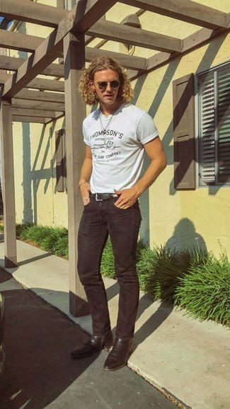 Dark Brown Jeans Outfits For Men: Want to inject your menswear collection with some casual city style? Consider wearing a white and black print crew-neck t-shirt and dark brown jeans. Dark brown leather chelsea boots are an effective way to give an extra touch of style to this getup.