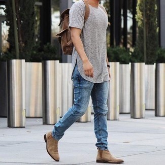Men's Grey Crew-neck T-shirt, Blue Jeans, Tan Suede Chelsea Boots, Brown Canvas Backpack