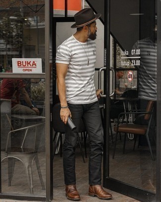 Dark Brown Hat Outfits For Men: A grey horizontal striped crew-neck t-shirt and a dark brown hat are both versatile menswear must-haves that will integrate perfectly within your off-duty arsenal. Brown leather chelsea boots are a fail-safe way to bring an extra dose of style to this ensemble.
