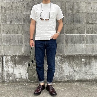 Men's White Crew-neck T-shirt, Navy Jeans, Burgundy Leather Derby Shoes, Olive Canvas Tote Bag