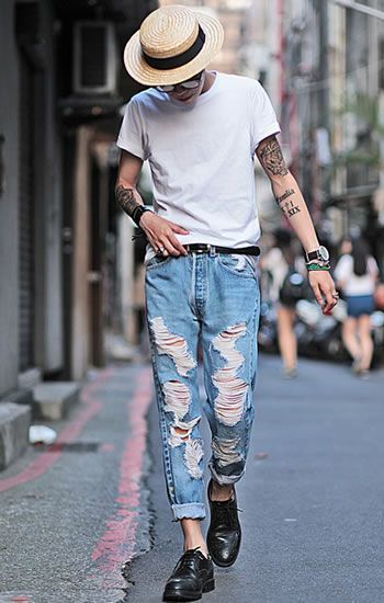 Men's White Crew-neck T-shirt, Light Blue Ripped Jeans, Black