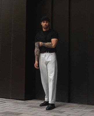 Black Leather Belt Outfits For Men: To achieve a relaxed casual look with a modern finish, you can rock a black crew-neck t-shirt and a black leather belt. And if you wish to effortlessly step up your look with one item, why not introduce a pair of black leather desert boots to the mix?