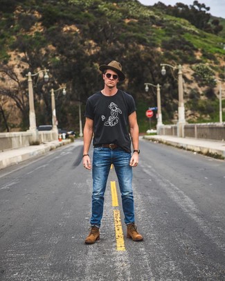 Men's Black and White Print Crew-neck T-shirt, Blue Jeans, Brown Suede Desert Boots, Olive Wool Hat