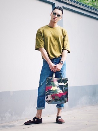 Men's Tan Crew-neck T-shirt, Blue Ripped Jeans, Dark Brown Suede Espadrilles, Multi colored Leather Tote Bag