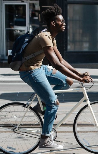 Grey High Top Sneakers Outfits For Men: If you're on the hunt for a casual yet seriously stylish ensemble, wear a tan crew-neck t-shirt with light blue ripped jeans. We're loving how cohesive this outfit looks when finished off with a pair of grey high top sneakers.