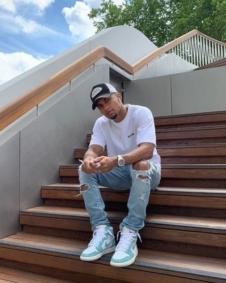 Mint Leather High Top Sneakers Outfits For Men: Choose a white crew-neck t-shirt and light blue ripped jeans for a trendy and easy-going outfit. Introduce a pair of mint leather high top sneakers to the equation et voila, the outfit is complete.