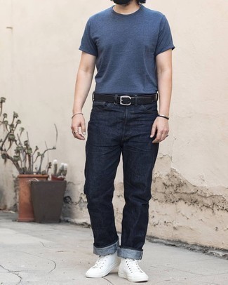 Grey Beaded Bracelet Outfits For Men: The pairing of a navy crew-neck t-shirt and a grey beaded bracelet makes this a killer off-duty outfit. Let's make a bit more effort with footwear and introduce white canvas high top sneakers to the mix.