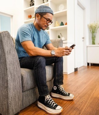 Black High Top Sneakers Outfits For Men: To put together an off-duty menswear style with a modern finish, choose a light blue crew-neck t-shirt and charcoal jeans. Feeling inventive today? Mix things up by rocking a pair of black high top sneakers.