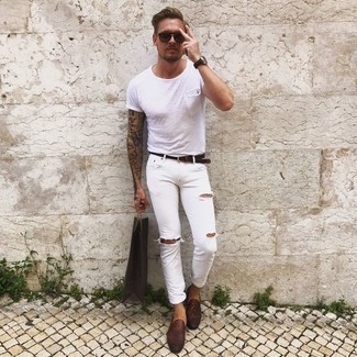 Tobacco Loafers with Jeans Outfits For Men: If you appreciate relaxed dressing, consider pairing a white crew-neck t-shirt with jeans. A pair of tobacco loafers instantly turns up the style factor of this look.