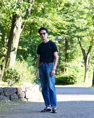 Men's Navy Crew-neck T-shirt, Blue Jeans, Navy Leather Loafers, Navy Woven Leather Belt