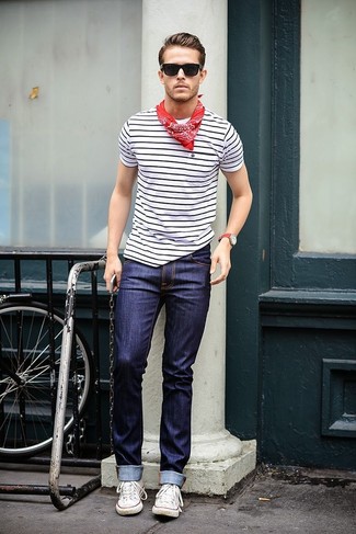 Men's White and Black Horizontal Striped Crew-neck T-shirt, Navy Jeans, White Canvas Low Top Sneakers, Red Paisley Bandana