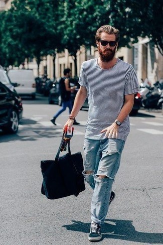 Men's White and Navy Horizontal Striped Crew-neck T-shirt, Light Blue Ripped Jeans, Navy and White Suede Low Top Sneakers, Navy Canvas Tote Bag