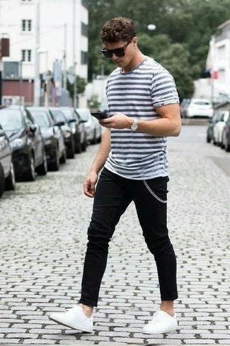 Charcoal Horizontal Striped Crew-neck T-shirt Outfits For Men: A charcoal horizontal striped crew-neck t-shirt and black jeans are indispensable menswear pieces, without which our menswear collections would certainly be incomplete. Complete your look with a pair of white canvas low top sneakers et voila, your getup is complete.