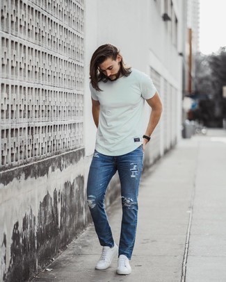 Mint Crew-neck T-shirt Outfits For Men: You'll be amazed at how very easy it is for any guy to get dressed like this. Just a mint crew-neck t-shirt and blue ripped jeans. Not sure how to round off this outfit? Wear a pair of white leather low top sneakers to dial it up.