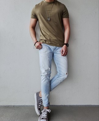 Men's Olive Crew-neck T-shirt, Light Blue Ripped Jeans, Charcoal Canvas Low Top Sneakers, Dark Brown Watch