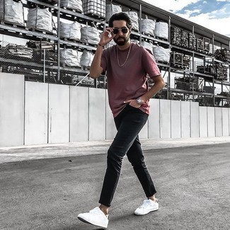 Olive Sunglasses Outfits For Men: Such must-haves as a burgundy crew-neck t-shirt and olive sunglasses are the perfect way to introduce extra cool into your current off-duty wardrobe. Why not take a classic approach with footwear and add white and black canvas low top sneakers to this look?