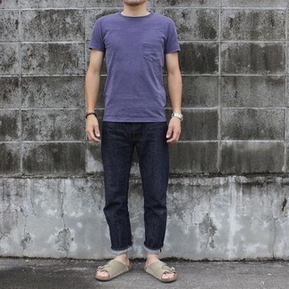 Violet Crew-neck T-shirt Outfits For Men: A violet crew-neck t-shirt and navy jeans are great menswear must-haves that will integrate well within your casual wardrobe. And if you wish to immediately tone down your look with footwear, why not rock a pair of beige suede sandals?