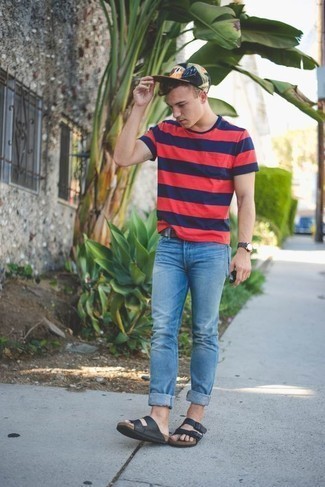 Red Horizontal Striped Crew-neck T-shirt Outfits For Men: If the setting permits a casual look, pair a red horizontal striped crew-neck t-shirt with blue jeans. And if you wish to easily tone down this outfit with footwear, complete your outfit with a pair of black leather sandals.