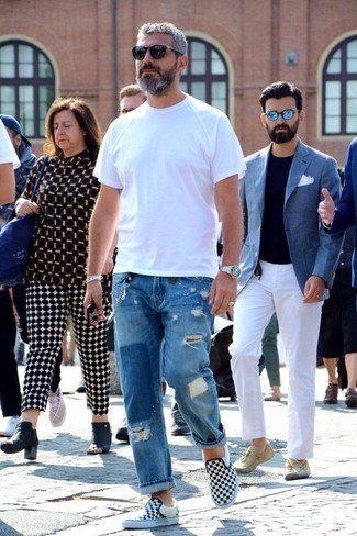 Men's White Crew-neck T-shirt, Blue Ripped Jeans, Black and White Check Canvas Slip-on Sneakers, Dark Green Sunglasses