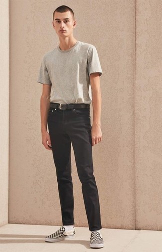 Men's Grey Crew-neck T-shirt, Black Jeans, Black and White Check Canvas Slip-on Sneakers, Black Leather Belt