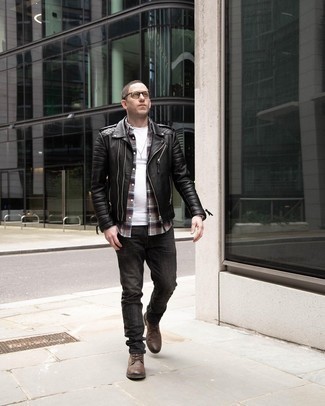 Men's Charcoal Jeans, White Crew-neck T-shirt, Grey Plaid Flannel Long Sleeve Shirt, Black Quilted Leather Biker Jacket