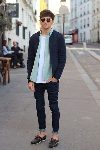 Navy Skinny Jeans Outfits For Men: 