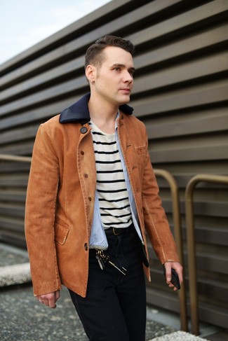 Tobacco Denim Jacket Outfits For Men: 