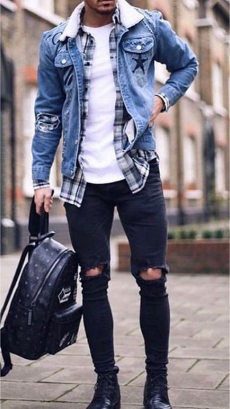 Black Print Leather Backpack Outfits For Men: 