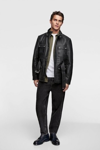 Black Leather Field Jacket Outfits: 