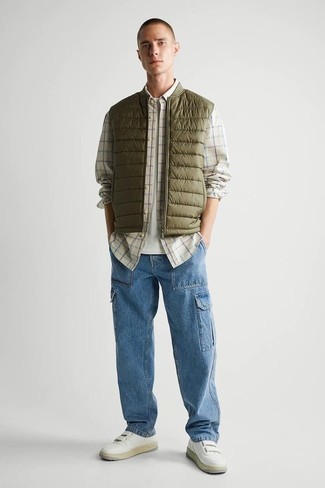 Men's Light Blue Jeans, White Crew-neck T-shirt, White Check Long Sleeve Shirt, Olive Quilted Gilet