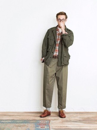 Olive Military Jacket with Brown Leather Derby Shoes Smart Casual Outfits: 
