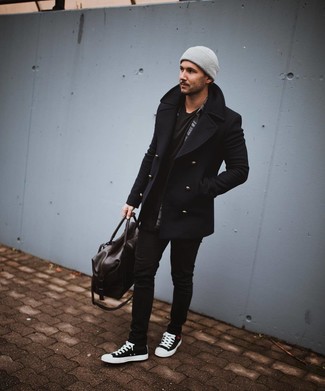 Dark Brown Leather Holdall Cold Weather Outfits For Men: 