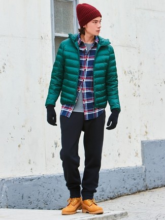 Men's Black Chinos, Grey Crew-neck T-shirt, White and Red and Navy Plaid Long Sleeve Shirt, Green Puffer Jacket