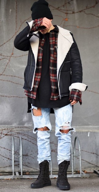 Men's Light Blue Ripped Jeans, Black Crew-neck T-shirt, Red and Black Check Flannel Long Sleeve Shirt, Black and White Shearling Jacket