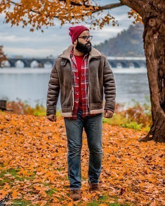 Men's Navy Jeans, Red Crew-neck T-shirt, Red Plaid Long Sleeve Shirt, Dark Brown Shearling Jacket
