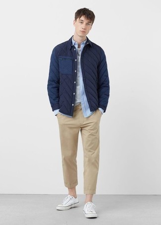 Navy Quilted Shirt Jacket Outfits For Men: 