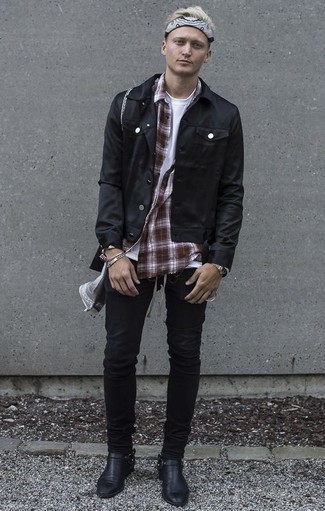 White and Brown Plaid Long Sleeve Shirt Outfits For Men: 
