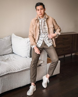 Tan Suede Shirt Jacket Casual Outfits For Men: 