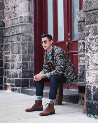 Dark Green Camouflage Shirt Jacket Outfits For Men: 
