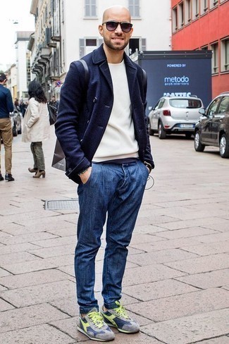 Men's Blue Jeans, Navy Crew-neck T-shirt, White Long Sleeve T-Shirt, Navy Wool Double Breasted Blazer